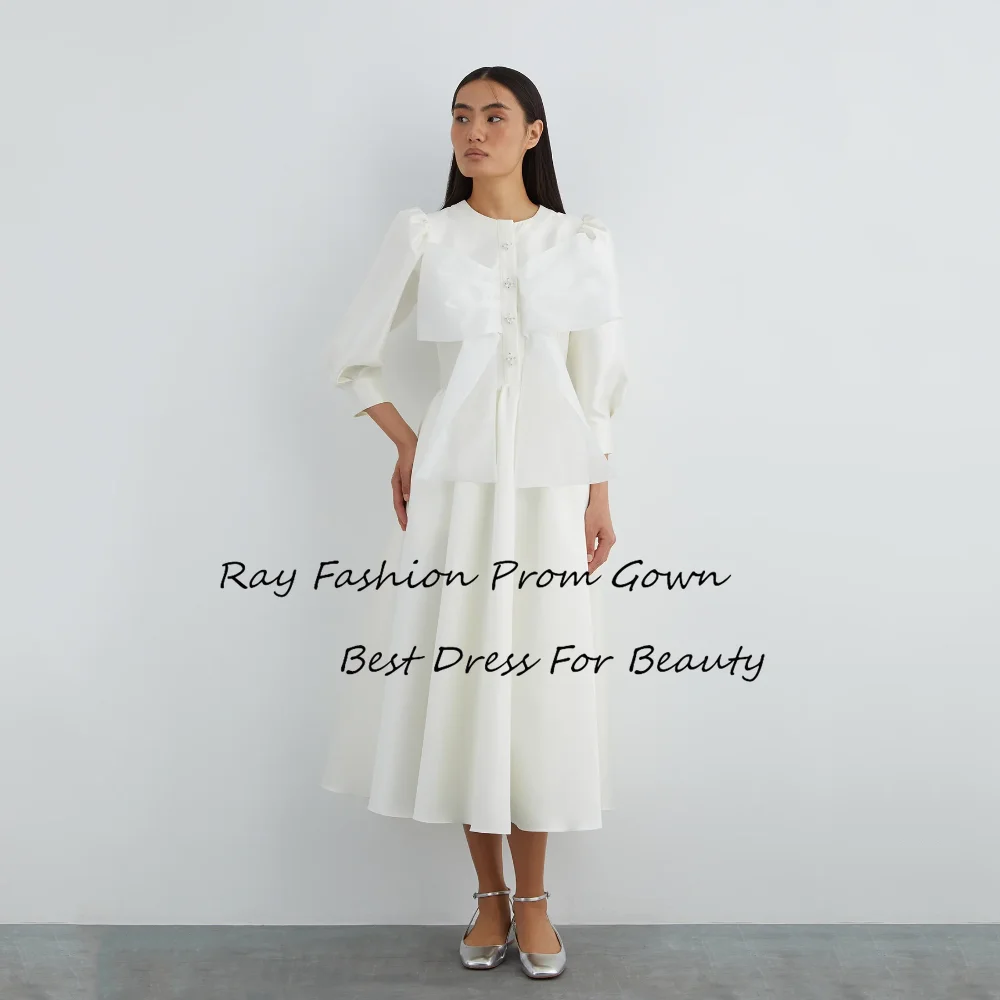 

Ray Fashion A Line Prom Dress O Neck With Puff Sleeves Crystal Tea Length For Women Formal Occasions فساتين سهرة Saudi Arabia