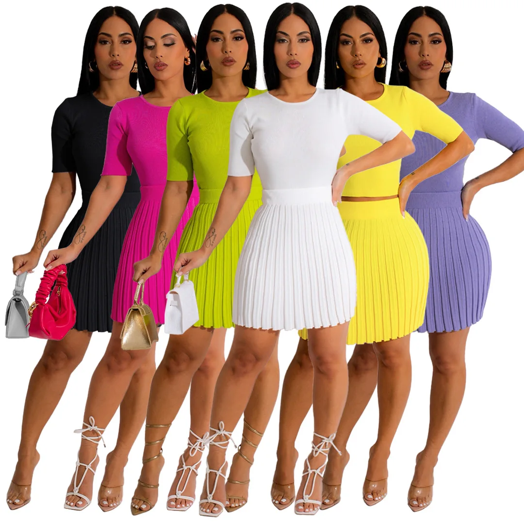 

Solid Short Sleeve T-Shirt Top Skirts 2 Piece Matching Sets Summer Fashion Streetwear Clothing Women Sets