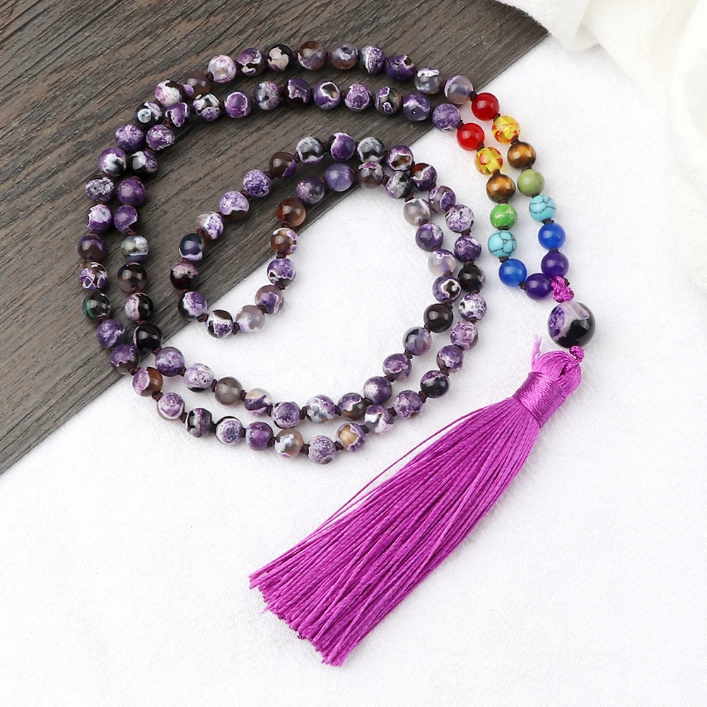 

Новый 6 мм Фиолетовый огонь Агат многослойный браслет Тибетский 94 бусины чакра кисточка кулон ожерелье для женщин йога медитация ювелирные изделия