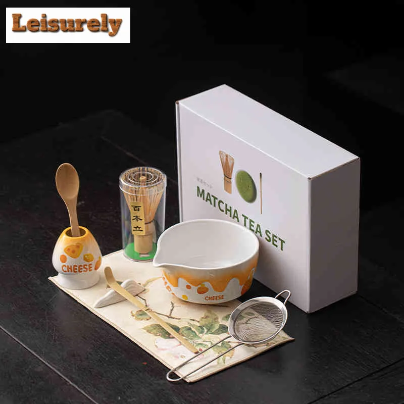 8pc/set Japanese Peach Powder Milk Curd Matcha Tea Set Mixing Spoon Match Bowl Safe Reusable Matcha Whisk Set Stirring Brush