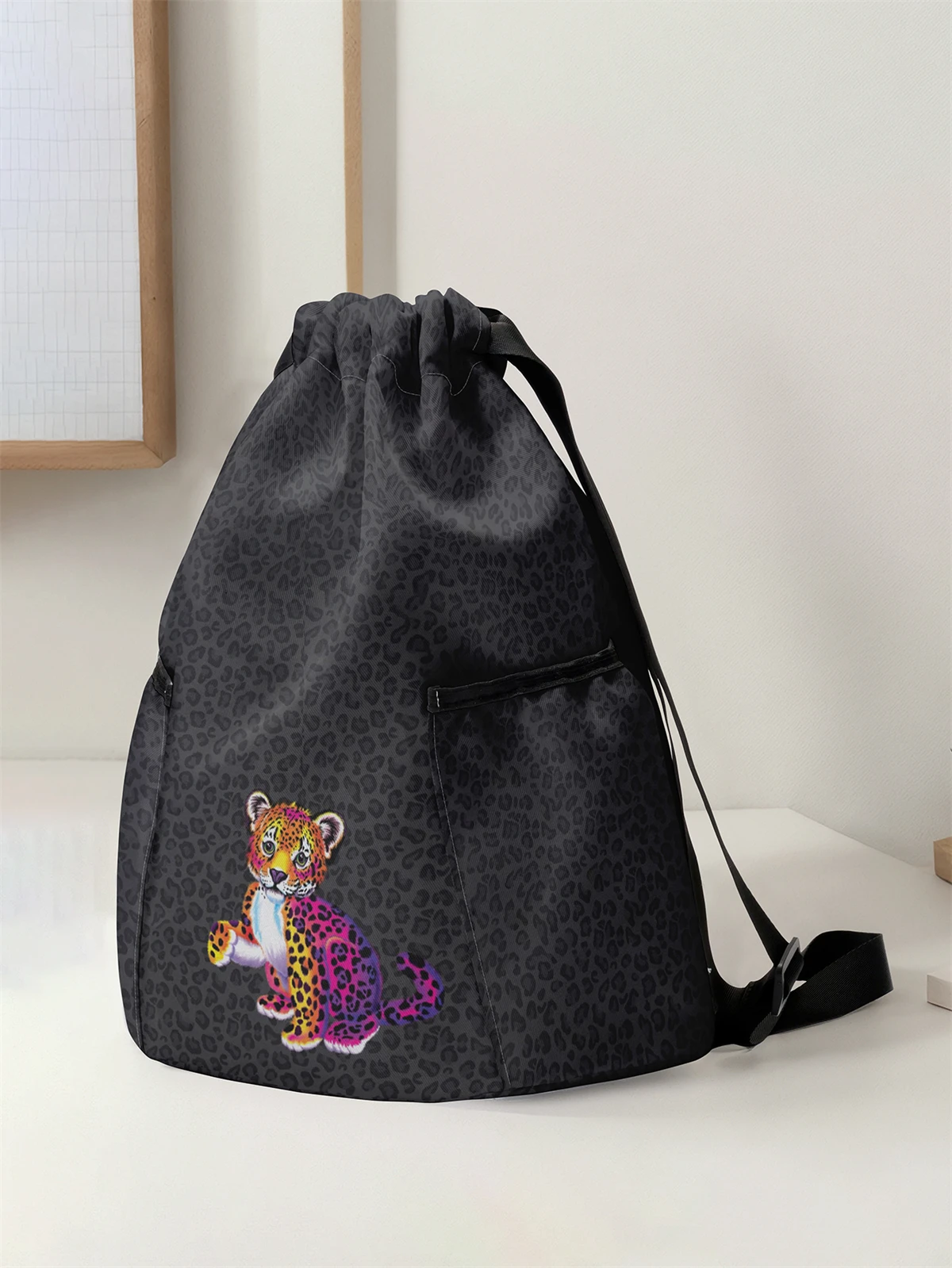 Leopard Pattern Drawstring Backpack - Large Capacity Durable Fitness Bag, Adjustable Shoulder Straps, Sports Beach Backpack