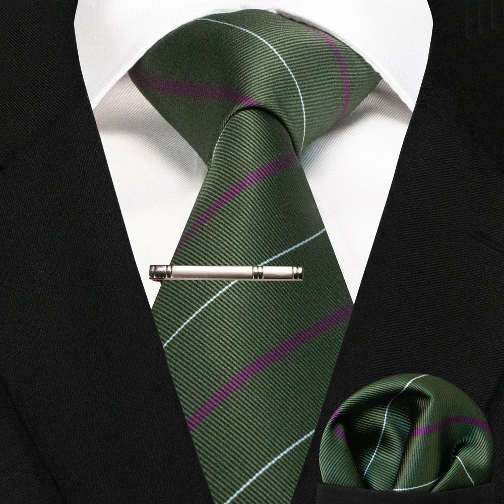 JEMYGINS Business Tie for Men Silk Navy Blue Tie Striped Paisley Necktie Handkerchief Tie Clips Set for Wedding Party Gift