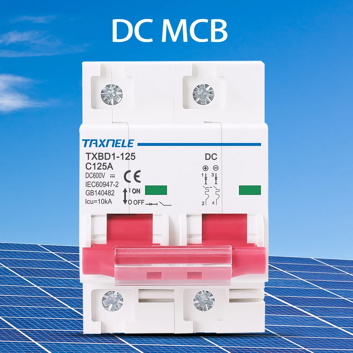 Taxnele TXBD1-125 2P DC 600V Solar Mini Circuit Breaker Battery Switch 125A 100A DC MCB for Photovoltaic PV System