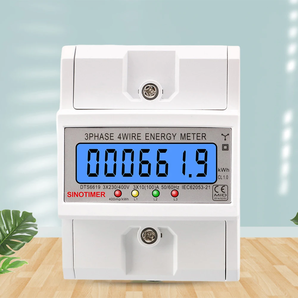 3 Phase 4 Wires Electric Energy Meter Din Rail Energy Meter 50/60HZ Power Consumption Monitor 100A LCD Backlight for Home Office