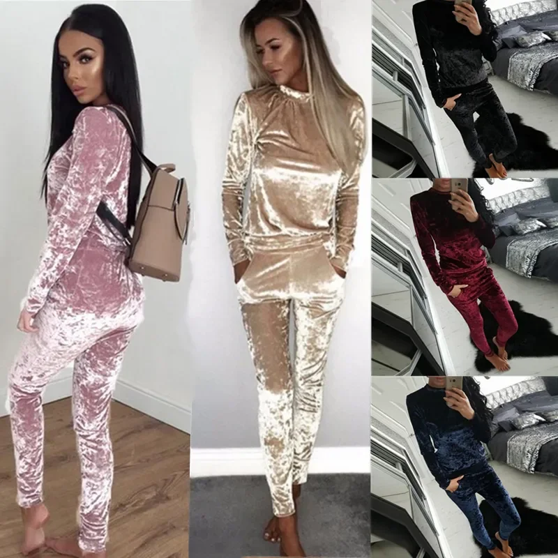 Women Tracksuit Velvet Solid Color Autumn O-neck Sweatshirt and Pants Two Piece Set Fashion Casual Homewear Slim Female Outfits