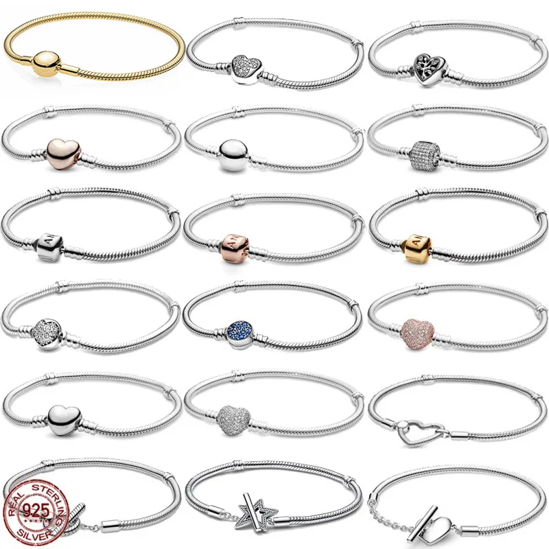 

Women's Classic Bracelet 925 Sterling Silver Pink Heart shape Buckle Snake Bone Bracelet fit Original Beaded DIY Gifts