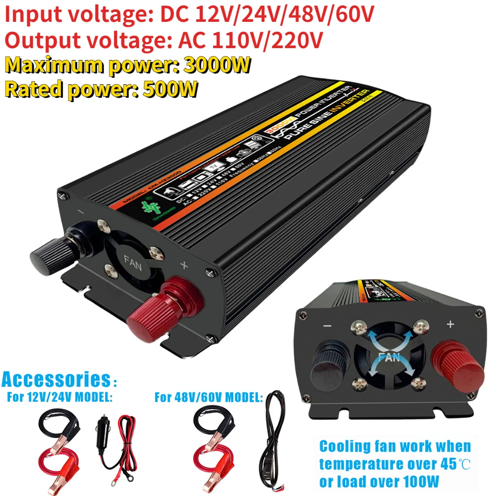 

3000W Pure Sine Wave Solar Car Inverter Power Inverter LED Display DC12V/24V/48V/60V to AC 220V 110V Socket Converter for Car