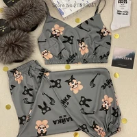 Women Silk Satin Pajamas Set V-neck Sleeveless Top Sleepwear Nightwear Sexy Lavender Print Pijamas Homewear Clothes Loungewear - Image 5