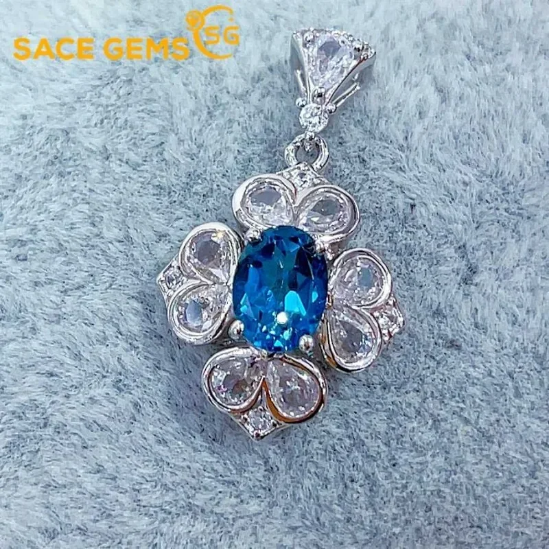 

SACE GEMS Luxury 925 Sterling Silver 6*8MM Natual London Blue Topaz Pendant Necklace for Women Cocktail Party Fine Jewelry Gift