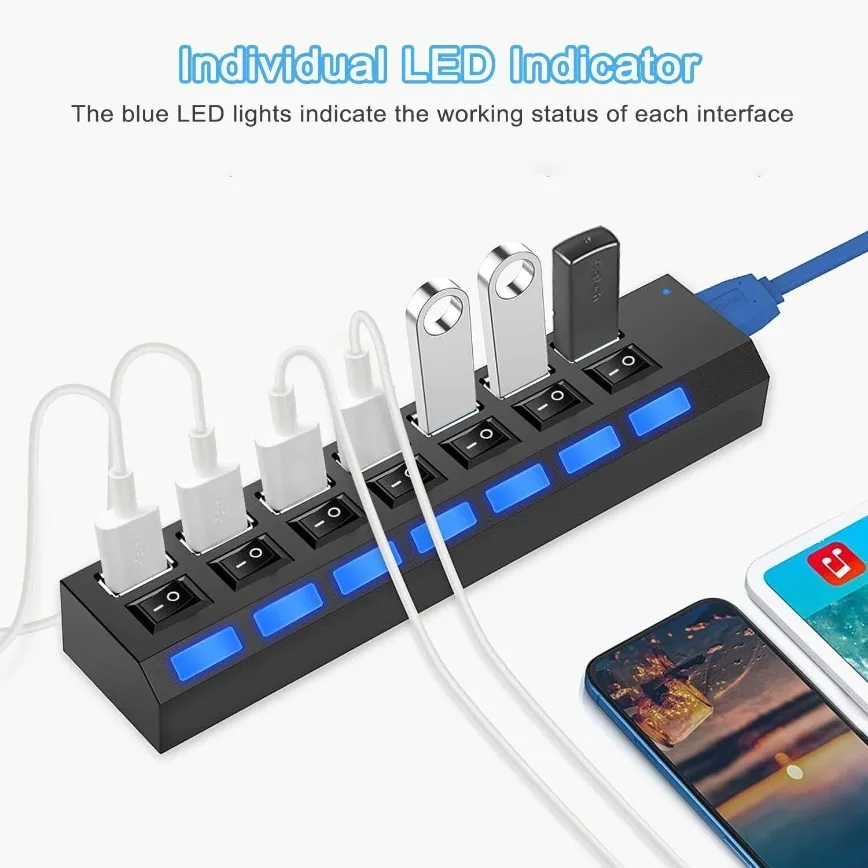 High-Speed 7-Port USB 3.0 Hub with Individual Power Switches and LED Indicators