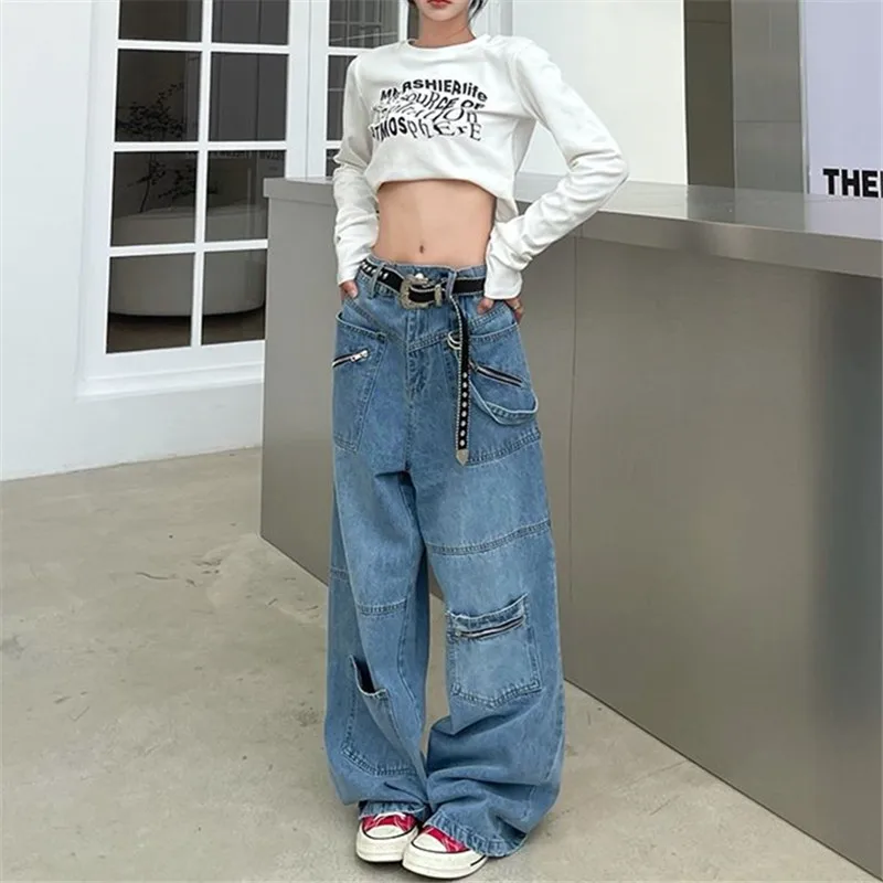 

Jeans Female Spring Autumn New Retro Y2K Solid Color High Waist Wide Leg Pants Multi Pocket Loose Trousers Women's Clothing 565