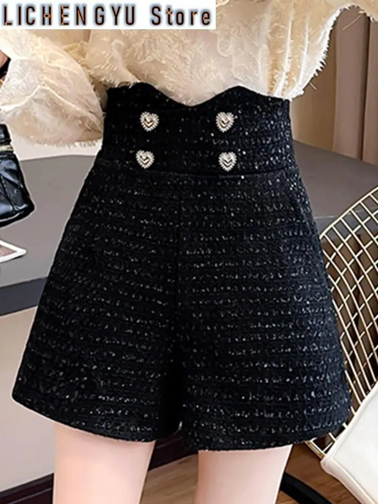 New Women Fashion Front Love Metal Buttons Tweed Shorts Vintage High Waist Woolen Female Short Pants Mujer