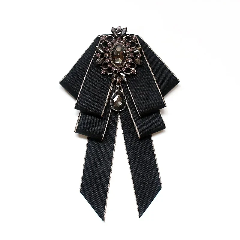 

Black Vintage Crystal Big Bowknot 2024 Ribbon Shirt Pre-tied Bow Neck Tie Brooches Lapel Pins for Women Girls Elegant Rectangle