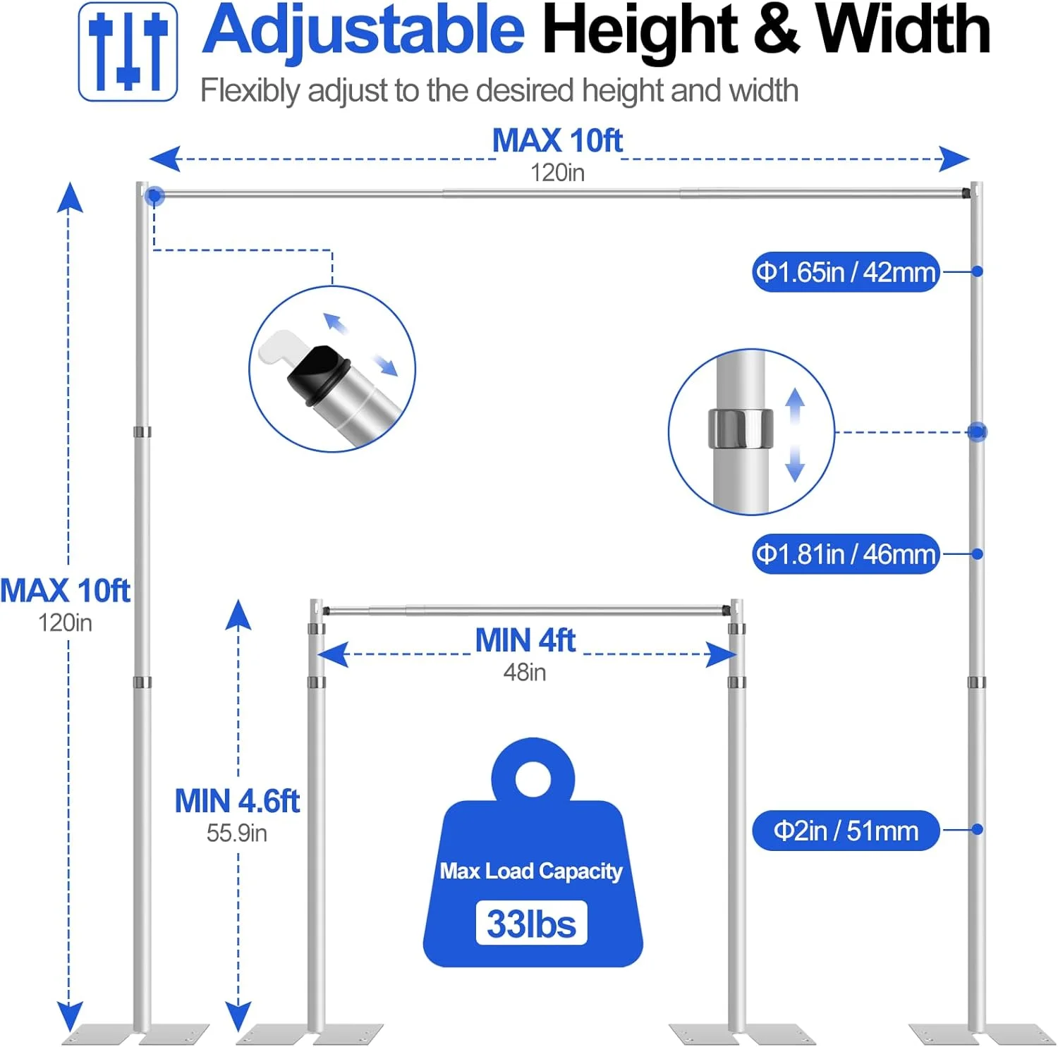 Pipe and Drape Stand Kit, 10x10ft Heavy Duty Adjustable Metal Backdrop Frame for Photography, Wedding Parties, Decoration