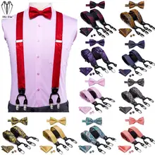 

Hi-Tie Silk Mens Suspender Strong 6 Clips Braces Bow Tie Hanky Cufflinks Set Adjustable For Men Office Wedding 3.5cm Width Gift