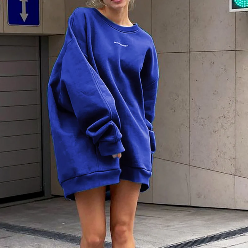 Autumn and Winter New Pullover Sweater Loose Long-sleeved Bat Sleeves Solid Color Printing Casual Long Round Neck Sweatshirt