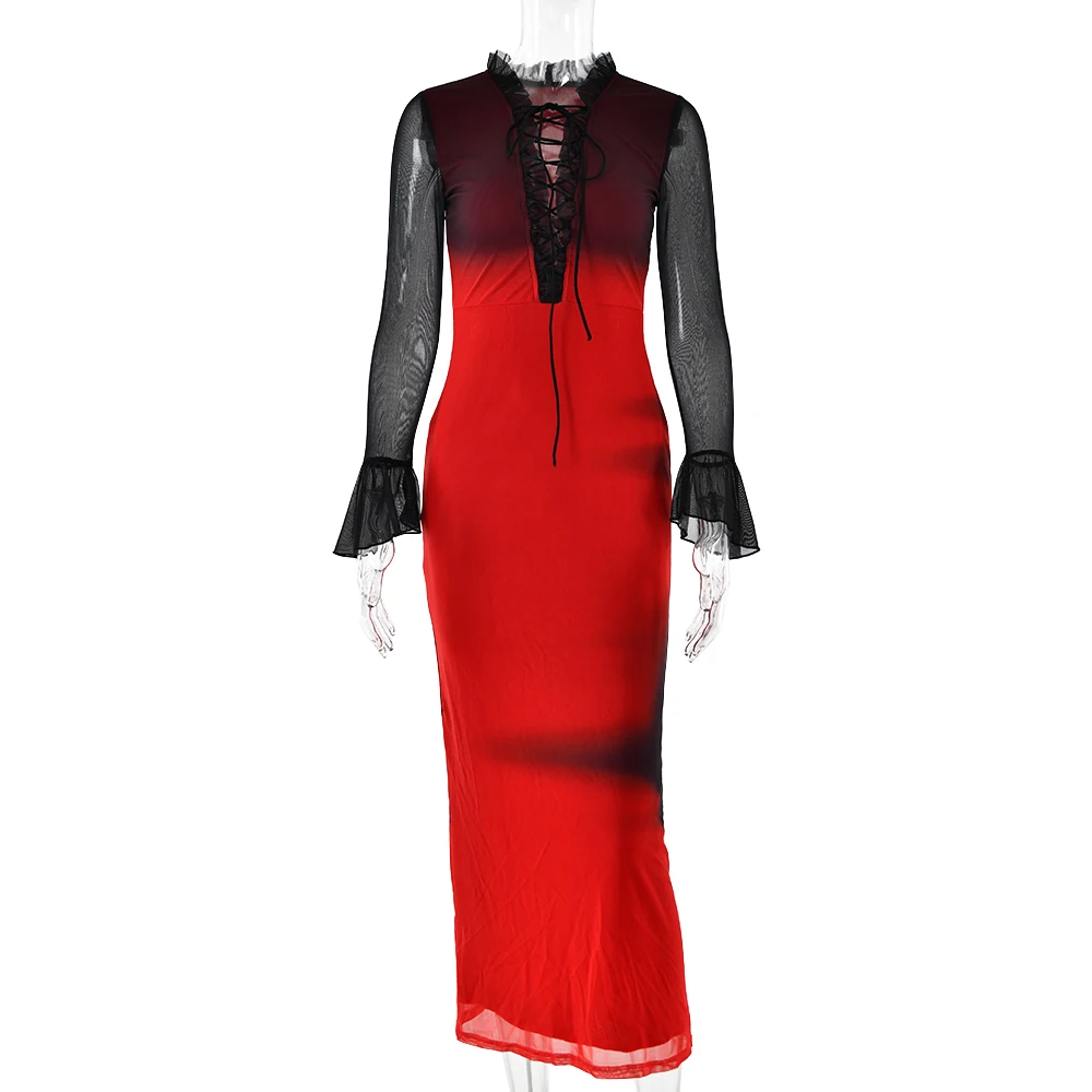 Elegant Long Sleeved Lace Up Elastic Tight Tie Dye Gradient Women Evening Dress Bodycon Sexy Female Dress Party Vestido