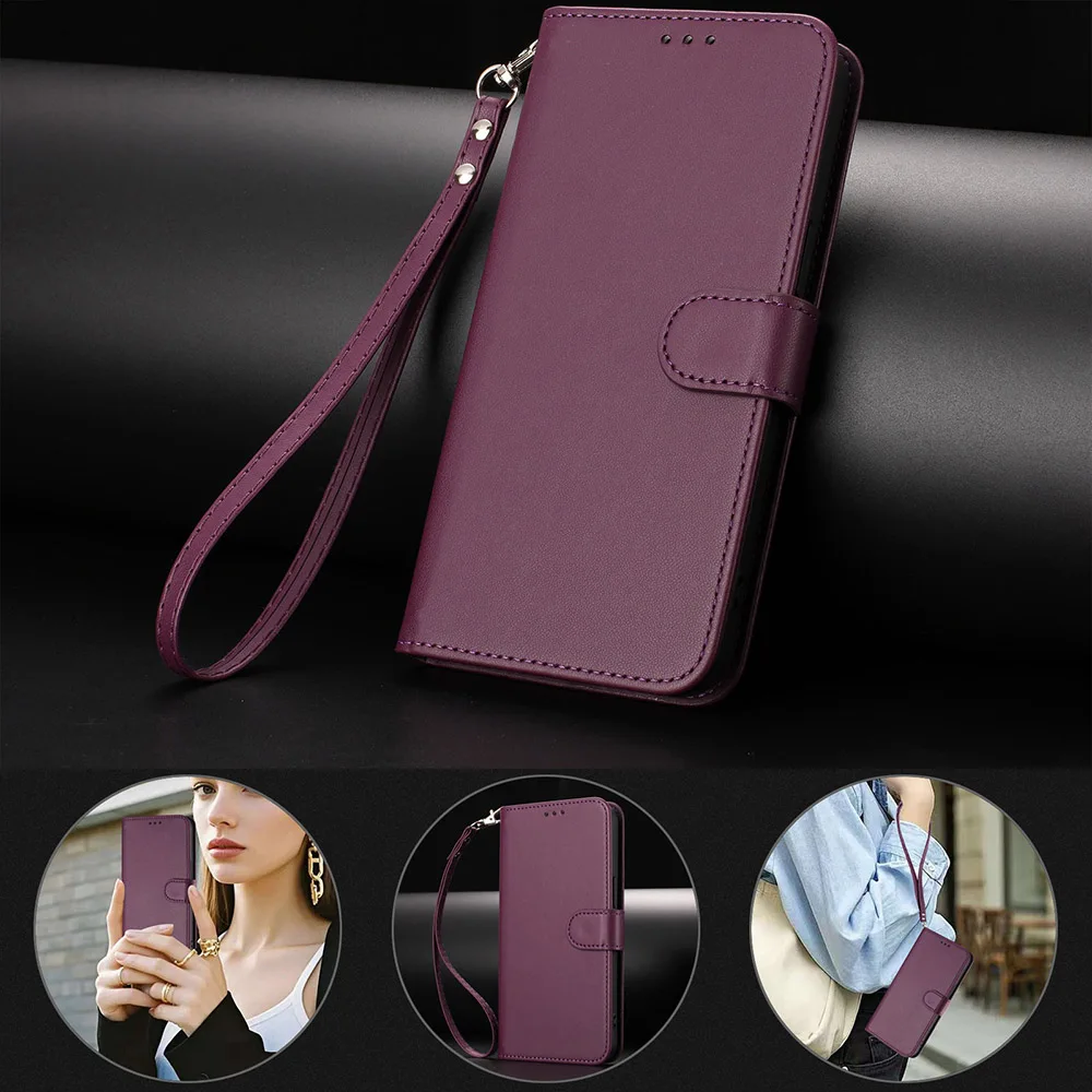 Solid-Color Leather Wallet Case with Card Slot and Stand