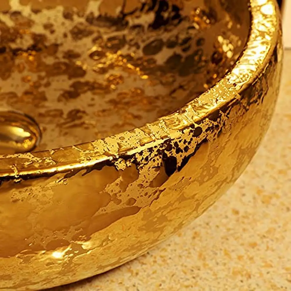 Luxury Gold Glazed Ceramic Vessel Sink Bowl Dia.16.4" Handmade Vintage Traditional Premium Quality Vanity Top Bathroom Restroom 2