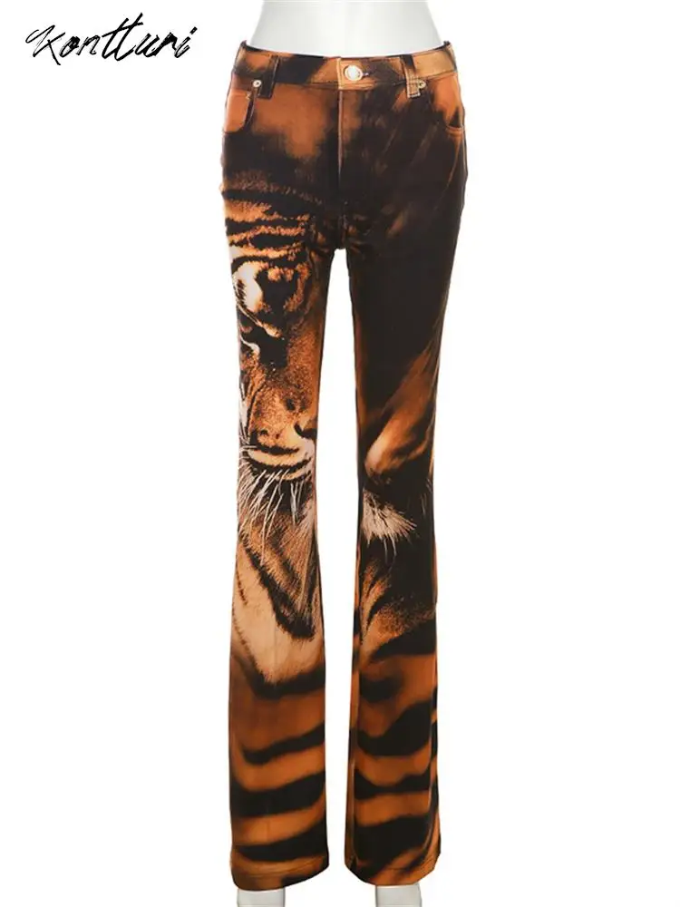 Kontturi Casual Tiger 3D Print Pants For Women 2023 Fashion Graphic Sweatpants Streetwear Outfits Black High Waist Flare Pants
