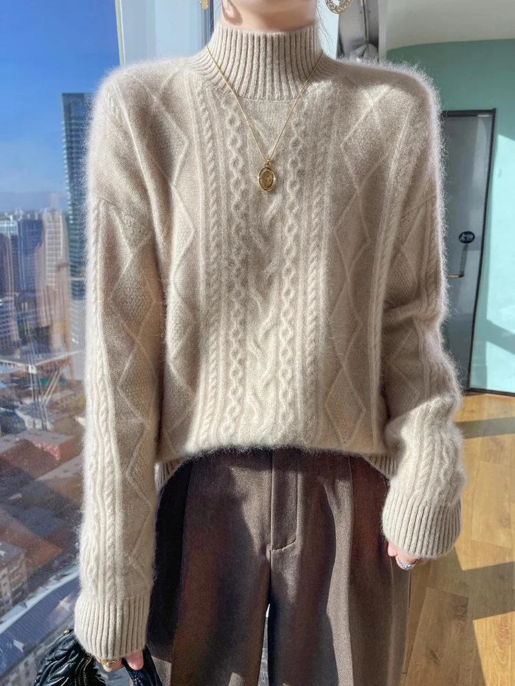 여성용 겨울 100% 메리노 울 모크넥 스웨터, 두껍고 따뜻한 풀오버 트위스트 플라워, 긴팔 캐시미어 니트웨어, 새로운 패션