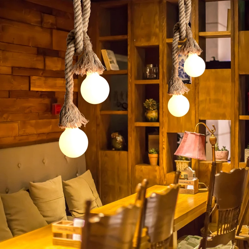 Lampada a Sospensione Vintage Corda di Canapa, Lampadario 1/2 Teste Cavo E27 Presa Plug in Apparecchio di Illuminazione a Sospensione per Agriturismo Ristorante Sala da Pranzo Bar Soggiorno Decor