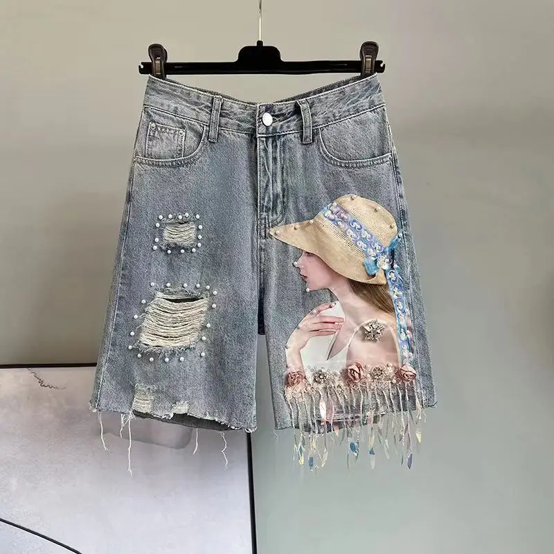 

Summer Tassel Sequin Studded Beaded Broken Hole Jeans Straight Sleeve Half Length Middle Pants Female