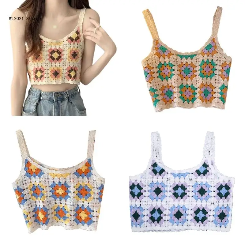 

Hollow Knit Beach Crop Top Women Crochet Flower Neck Sleeveless Camisole