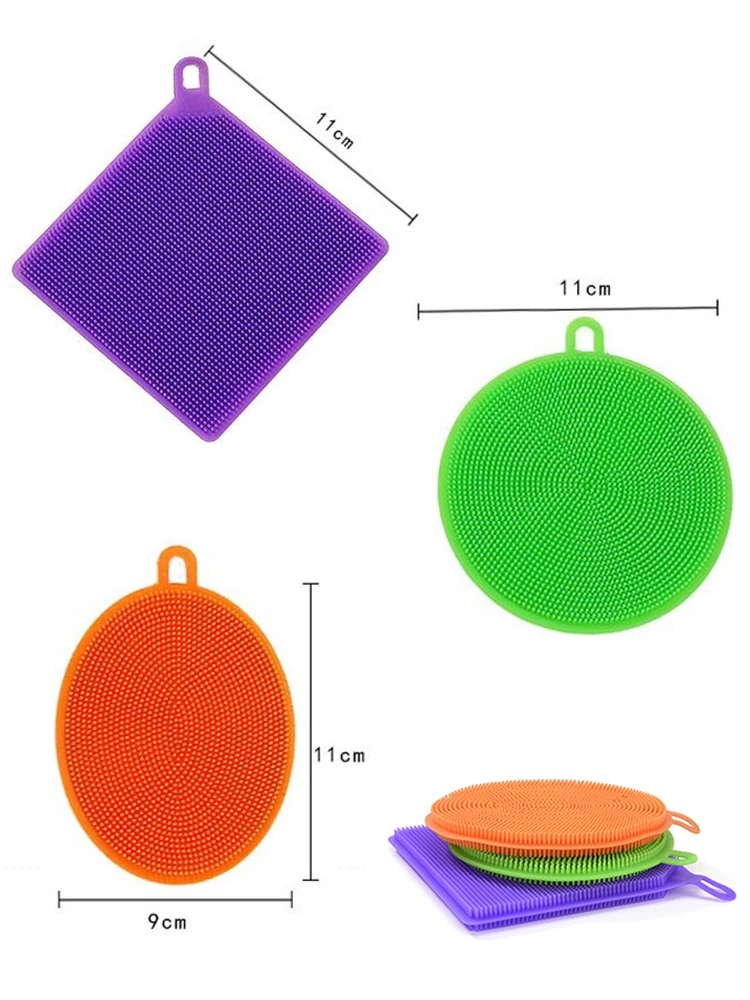 3Pcs Silicone Dish Washing Brush Pot Pan Sponge Kitchen Cleaning Brush Silicone Scouring Pad Vegetable Fruit Pot Pan Wash