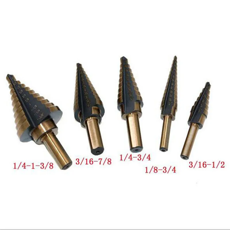 Step-Cone-Drill-Bit-Set-For-Metal-Wood-5-PCS-1-4-Hss-Cobalt-Titanium-Conical