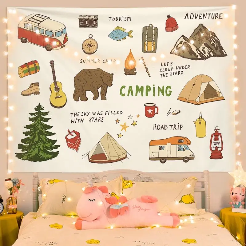 

Nordic Ins Camping Aesthetic Retro Cloth Wall Hanging Bedside Bedroom Dormitory Large Background Fabric Wall Decoration Tapestry