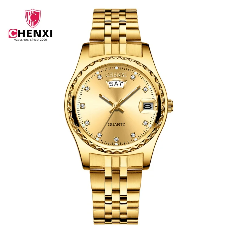 CHENXI Top Brand Men's Golden Wristwatches Business Quartz Watch Women Fashion Luxury Stainless Steel Waterproof Clock