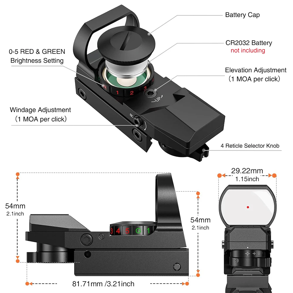 Side view of tactical red green dot sight mounted on a firearm