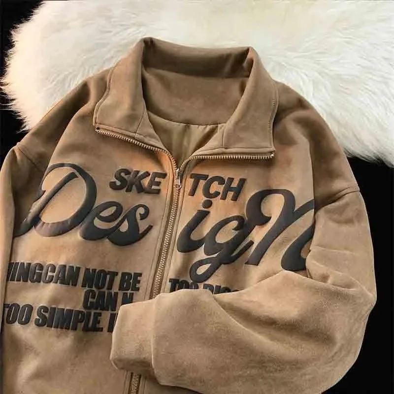 

New American retro ot trend baseball uniforms sweatsirt men and women tide brand loose all matc lapel jacket couples wear