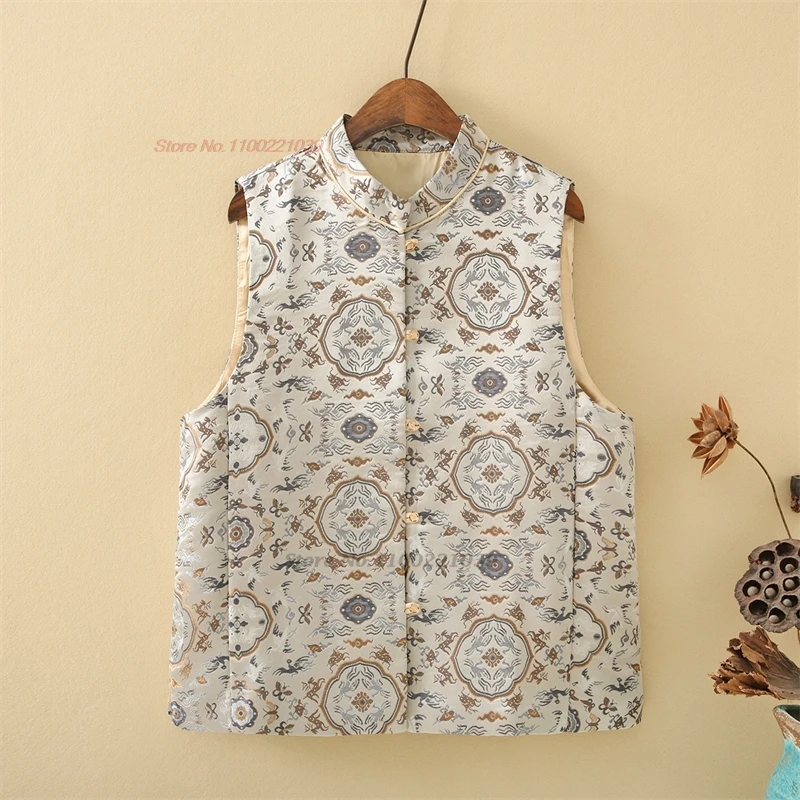 

2024 chinese vintage stand collar folk vest traditional jacquard vest oriental tang suit sleeveless jacket ethnic waistcoat