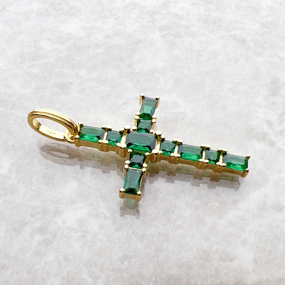 Pendant Necklace Silver Pendant Gold Plated Cross Green Stones