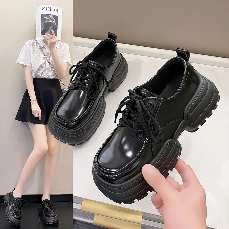 

Women's 2024 New British Academy Style Lace up Cake Thick Sole loafers with Small Leather Shoes