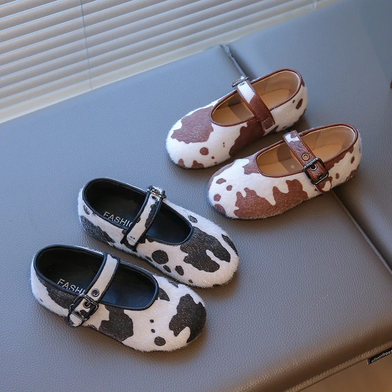 Girls Plush Leather Ankle Strap Ballet Flats