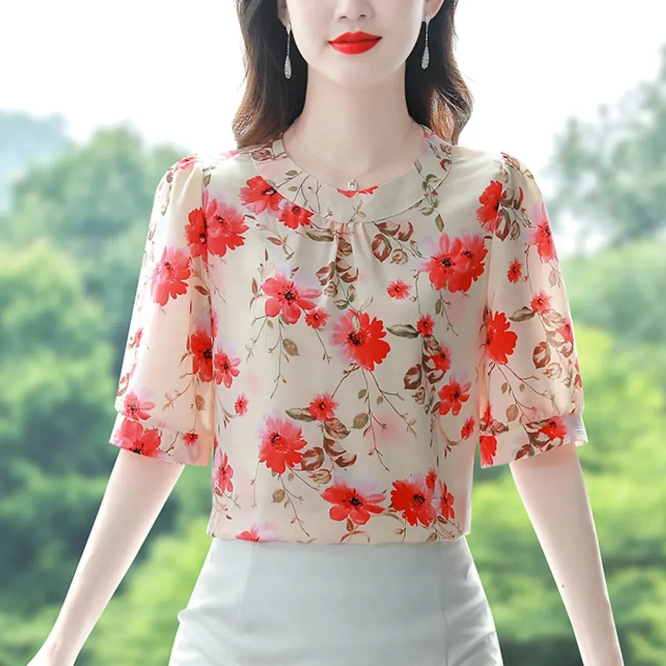 Korean Fashion Casual Lace Up O-neck Ruffled Hem Summer Bow Puff Sleeves Office Lady Shirt Blouse main image 1