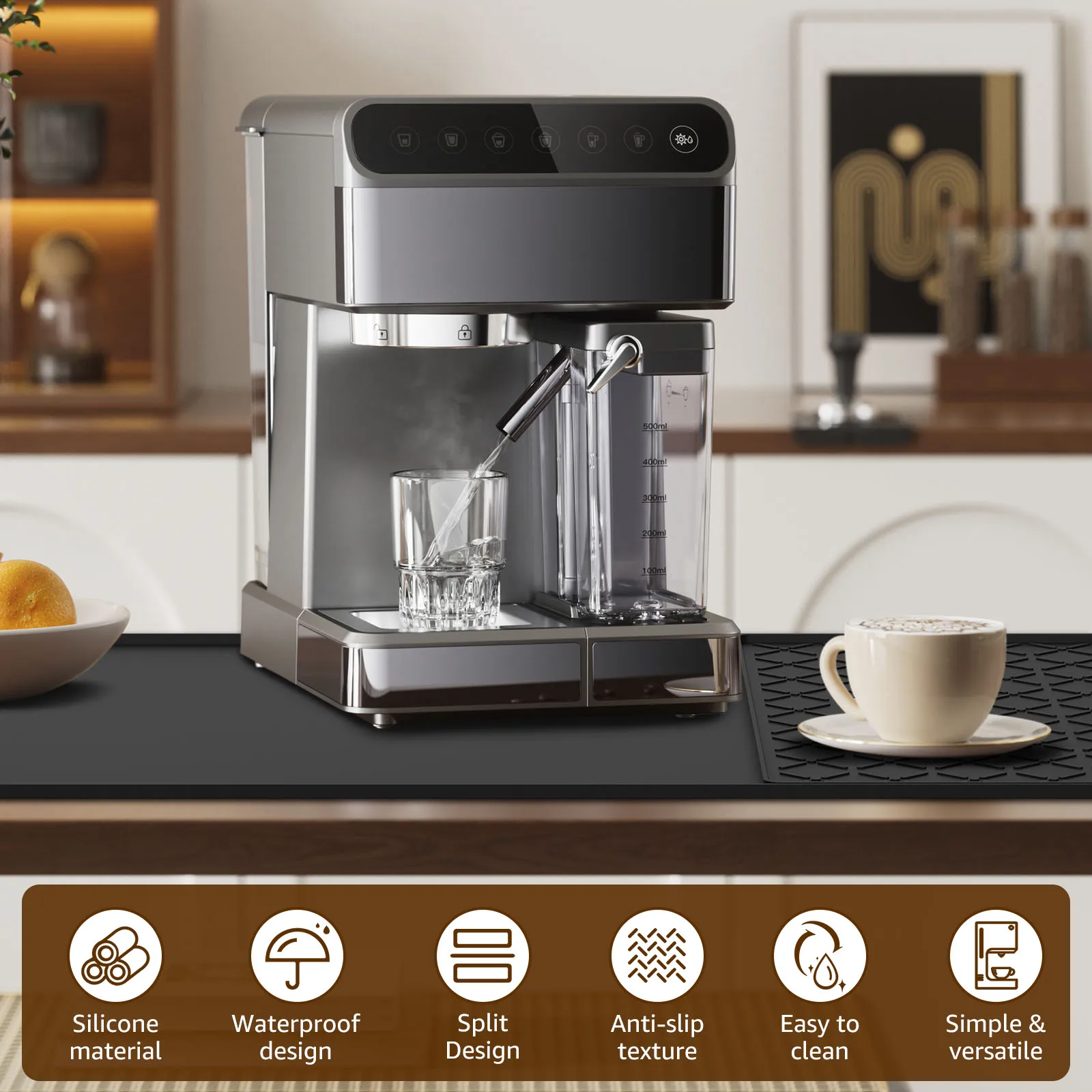 Silicone Coffee Mat Detachable(Optional) Dish Drying Mat for Kitchen Coffee Bar Accessories Fit Under Coffee Maker & Dish Rack