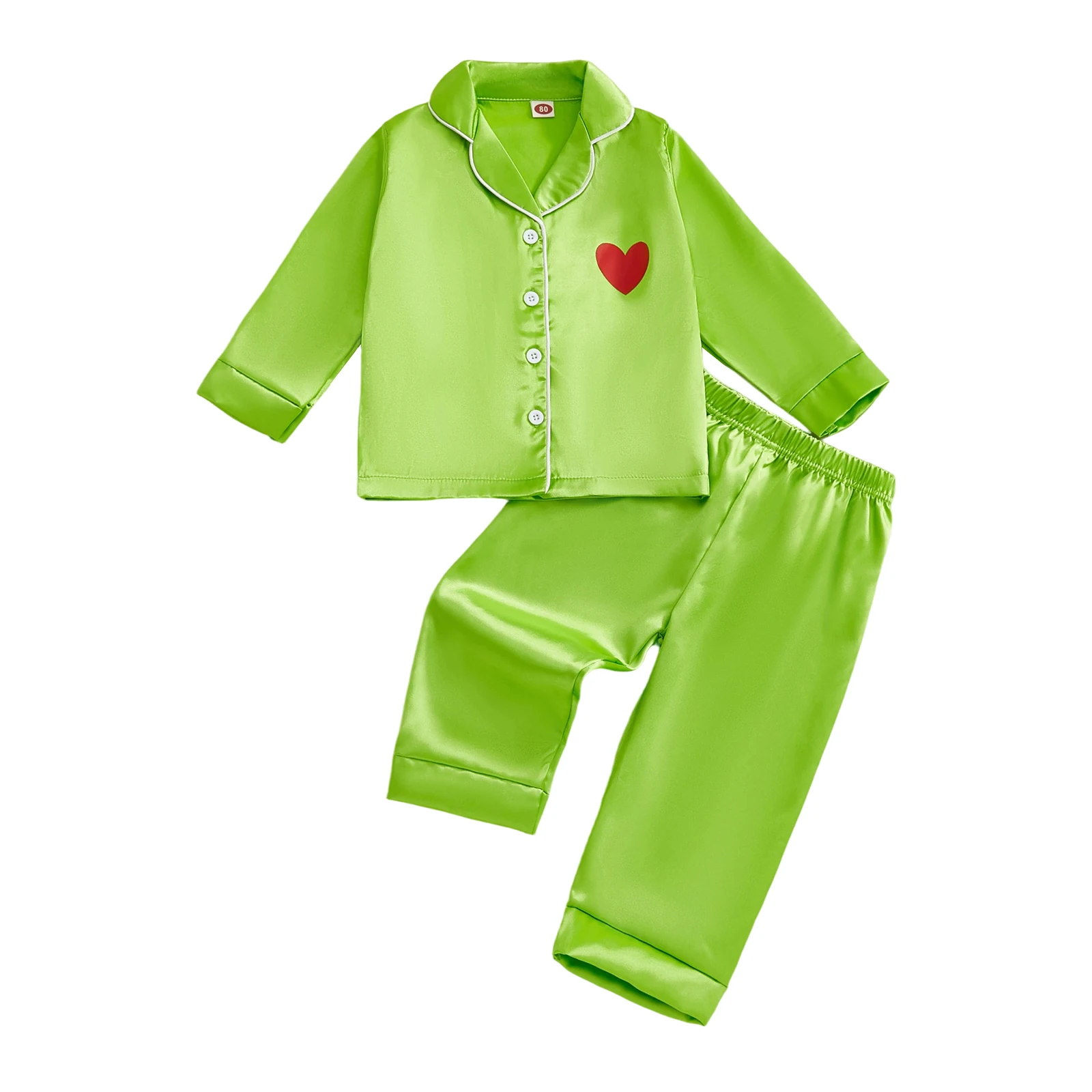 Children s Christmas Satin Pajama Set with Heart Print Long Sleeve Lapel Button Down Top and Pants Sleepwear for a Festive