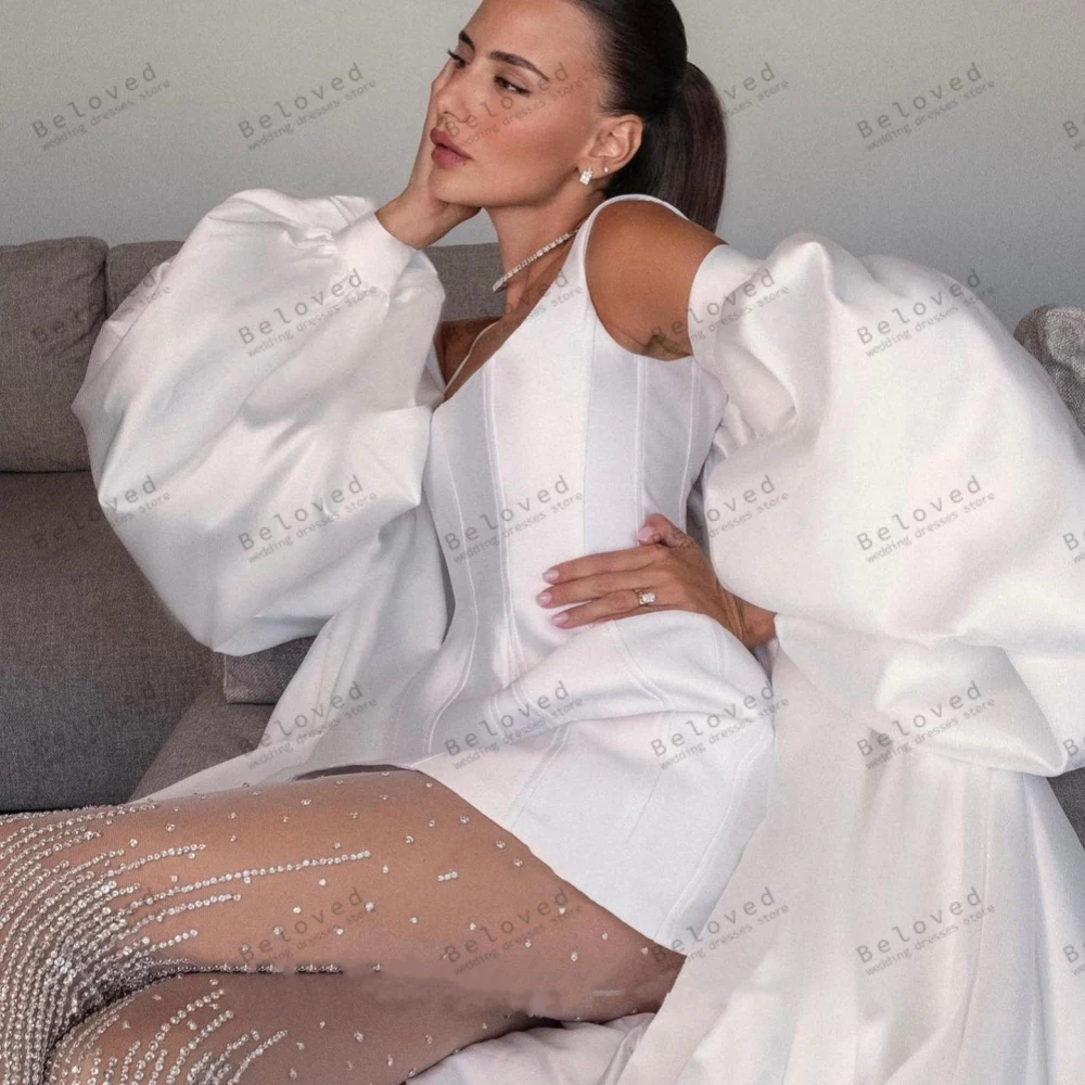 

Luxury Wedding Dresses Modern Bridal Gowns Satin Sheath Mermaid With Puff Sleeves Glamorous Celebrity Vestidos De Novia 2024