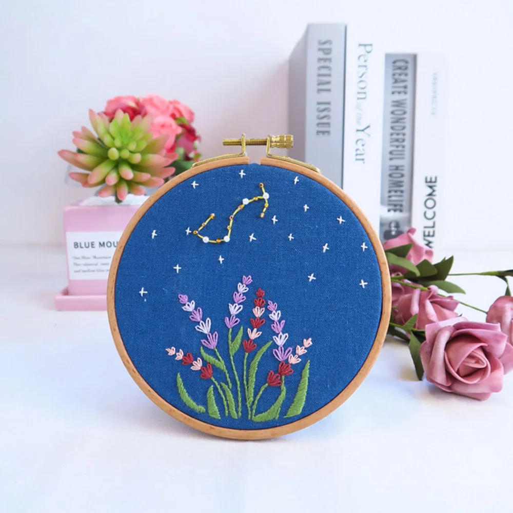 

Unfinished Twelve Constellations Embroidery Kit Blue Cotton Cloth DIY Needlework Sewing Cross Stitch Set Handmade Art Home Decor