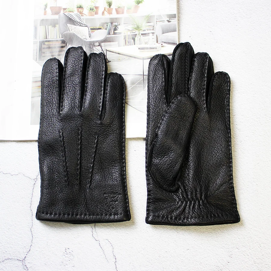 Deer Skin Gloves Men's Touch Screen Dark Brown Genuine Leather Retro Style Autumn and Winter Warm Motorcycle Riding Gloves
