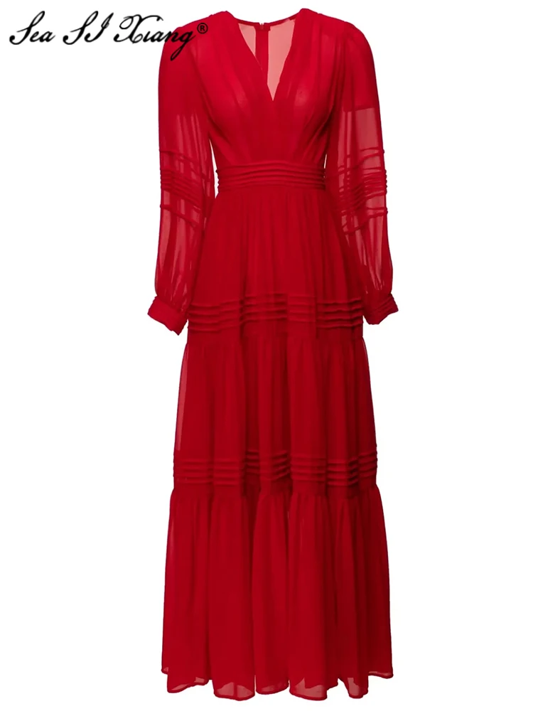 

Seasixiang Fashion Designer Spring Summer Women Dress V-Neck Lantern Sleeve High Waist Solid Color Vintage Party Long Dresses