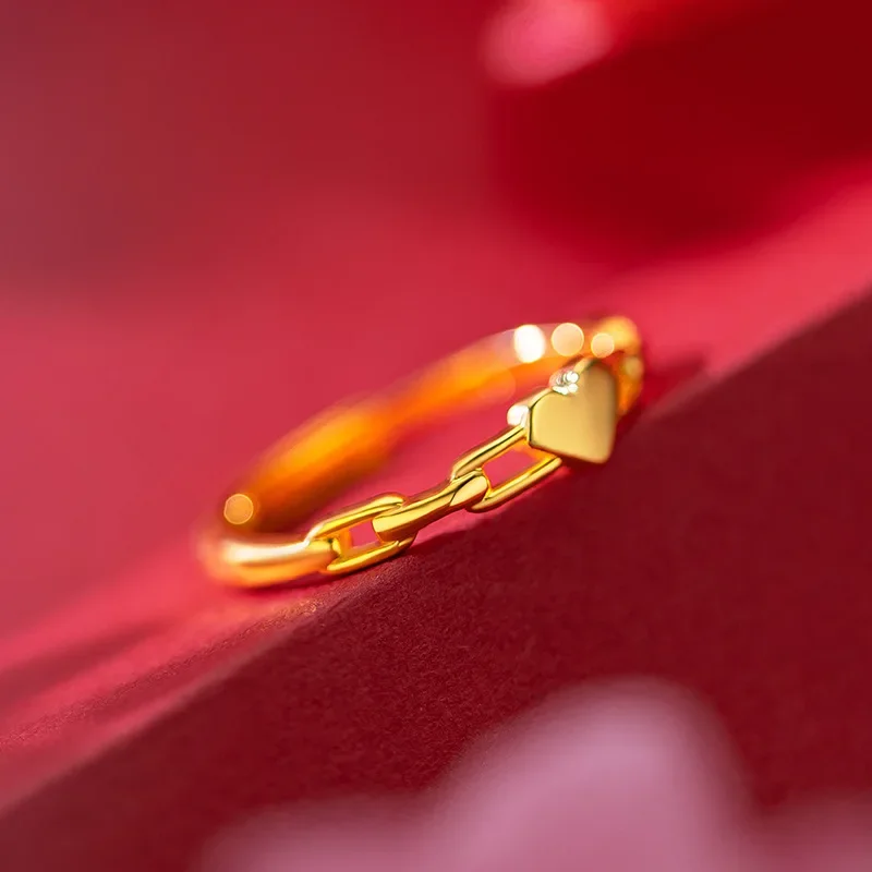 9999 진짜 금 24K 옐로우 골드 러브 체인 링, 조절 가능한 반지 