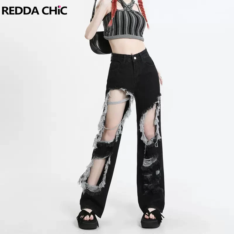 

REDDACHiC Acubi Fashion Women Baggy Jeans Black Ripped Beggar Stylish Streetwear High Waist Wide Pants Grayu Grunge Y2k Trousers