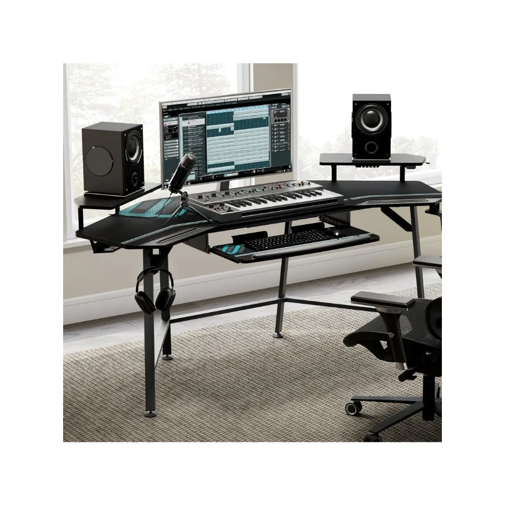 Gaming Desk with Led Lights,72" Large Wing-Shaped Studio Desk W Keyboard Tray, Computer Desk Table W Monitor Stand 3