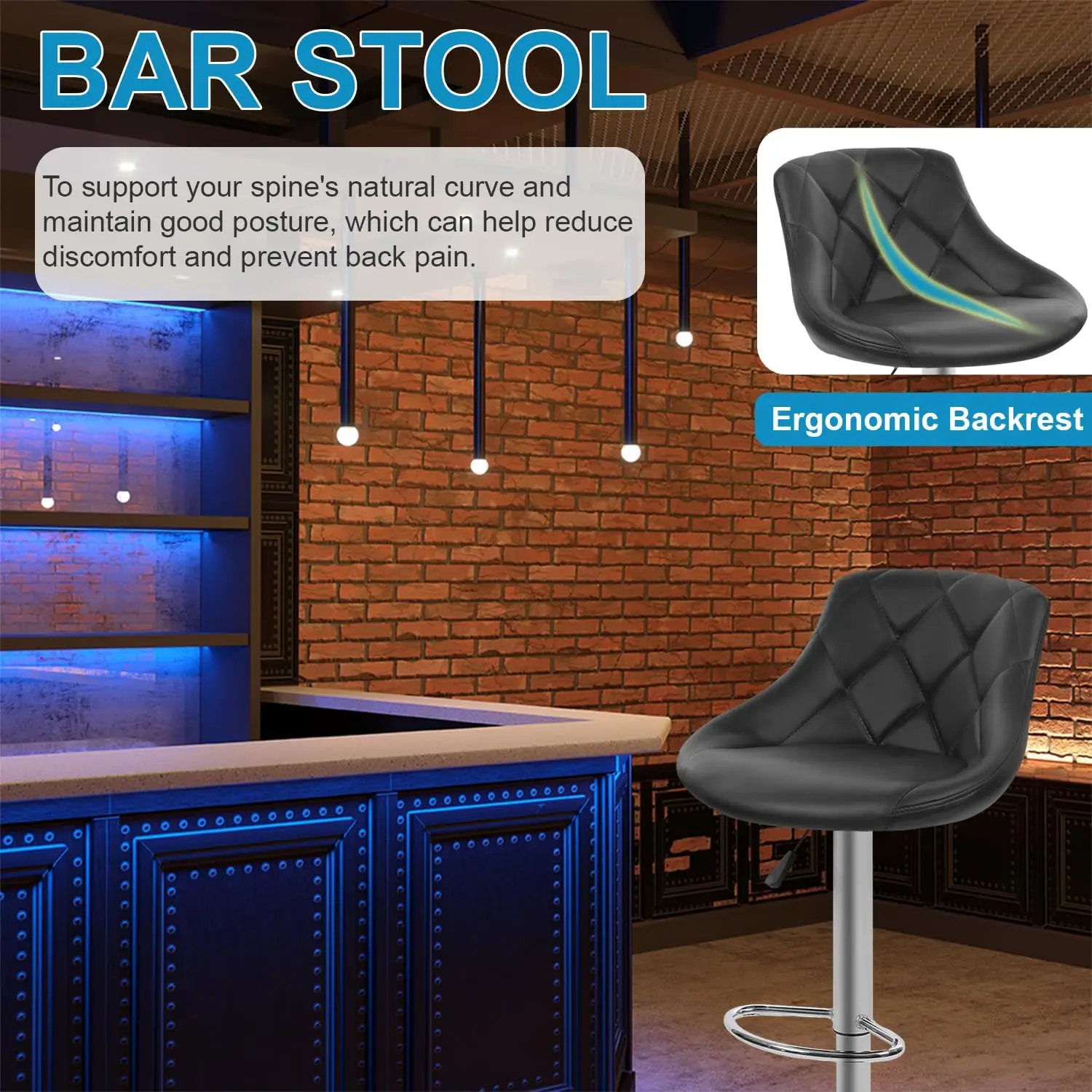 Bar Stool Set of 2 PU Leather Bar Chairs with Backrest Height-Adjustable Swivel Counter Height Bar Stools Set Kitchen