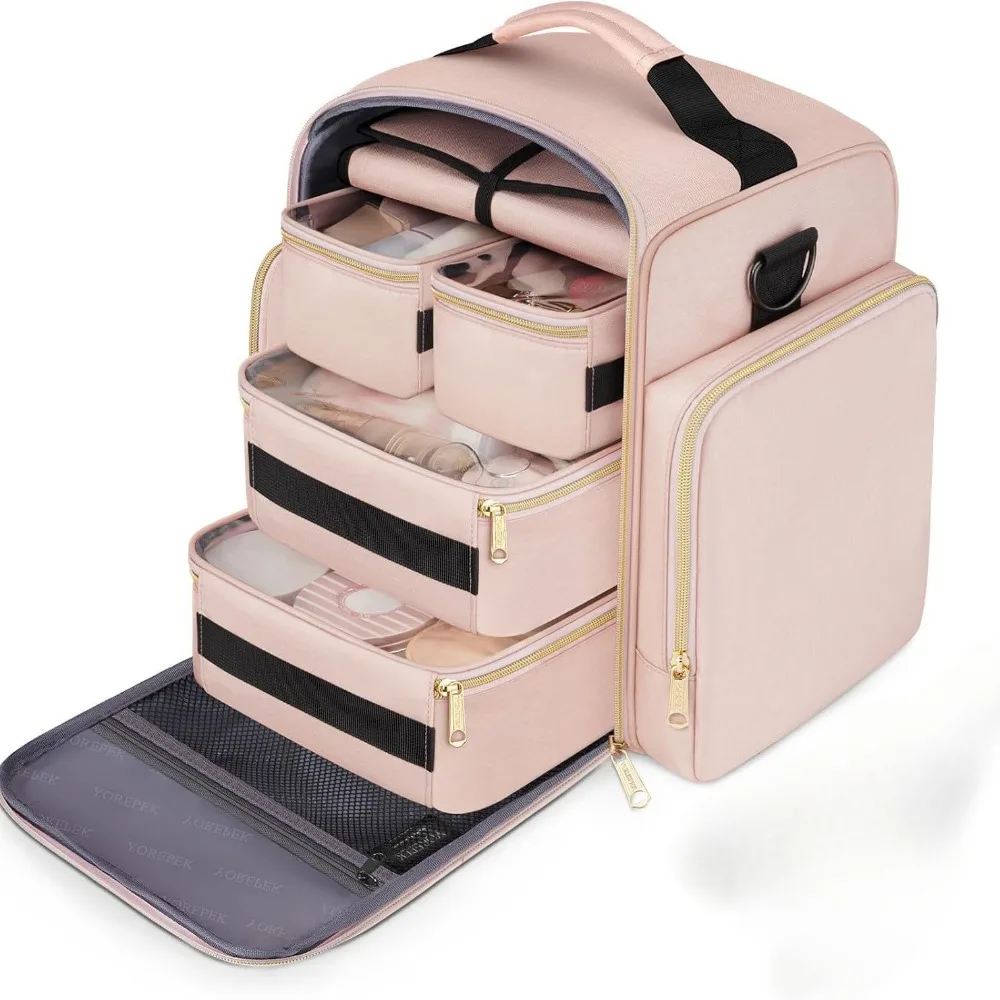 Large Travel Cosmetic Organizer Bag with 4 Removable Boxes Jewelry Roll Polyester Storage Pouch for Makeup Accessories 5